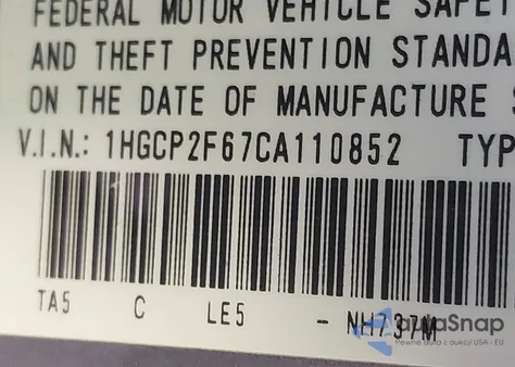 2012 Honda Accord 2.4 Se из США, поврежденный, VIN 1HGCP2F67CA110852